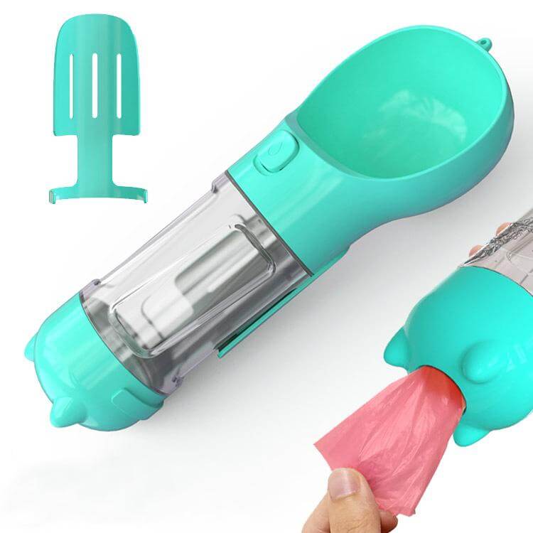 Outdoor Portable Pet 3 in 1 Water Bottle offering hydration, feeder bowl, and waste bag feature for Dogs & Cats.