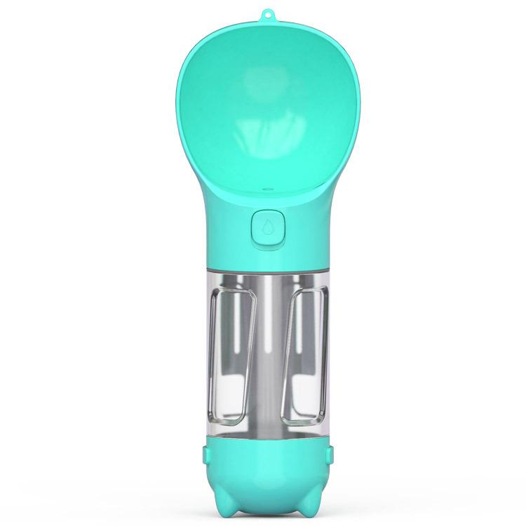 Outdoor Portable Pet 3 in 1 Water Bottle for dogs & cats, featuring a bowl and garbage bag compartment, 300ML capacity.
