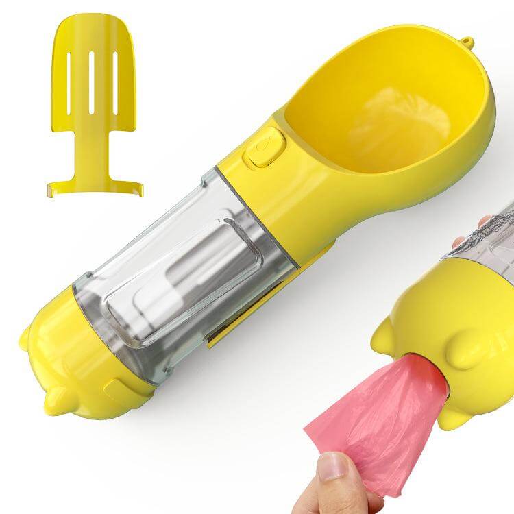 Outdoor Portable Pet 3 in 1 Water Bottle: Yellow water bottle with feeder bowl and garbage bag holder for dogs and cats.