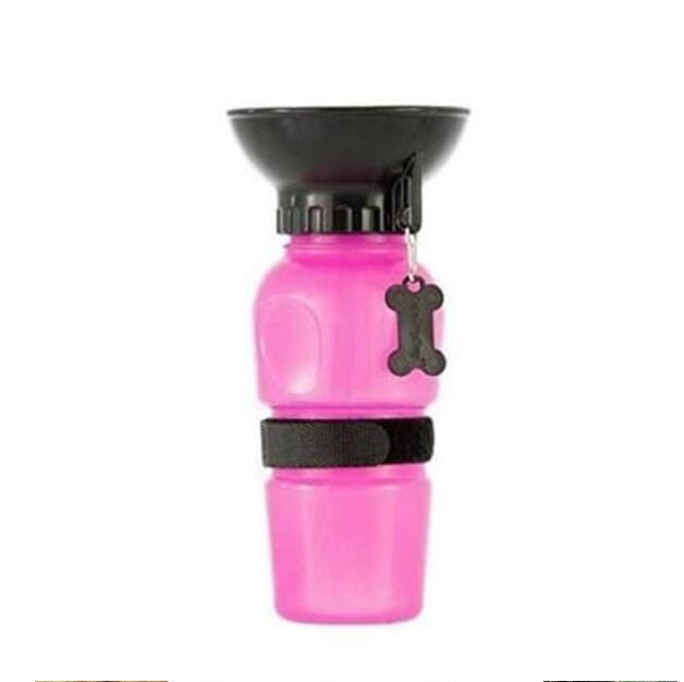 Outdoor Water Bottles for Dog in pink with silicone seal, carry strap, and bowl for dogs and cats.
