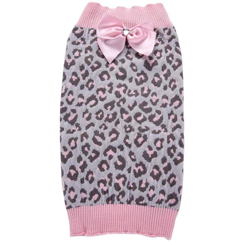 Pink Leopard Bow Sweater for Dogs & Cats, cozy pullover with turtleneck, soft acrylic, stylish comfort for cold weather.