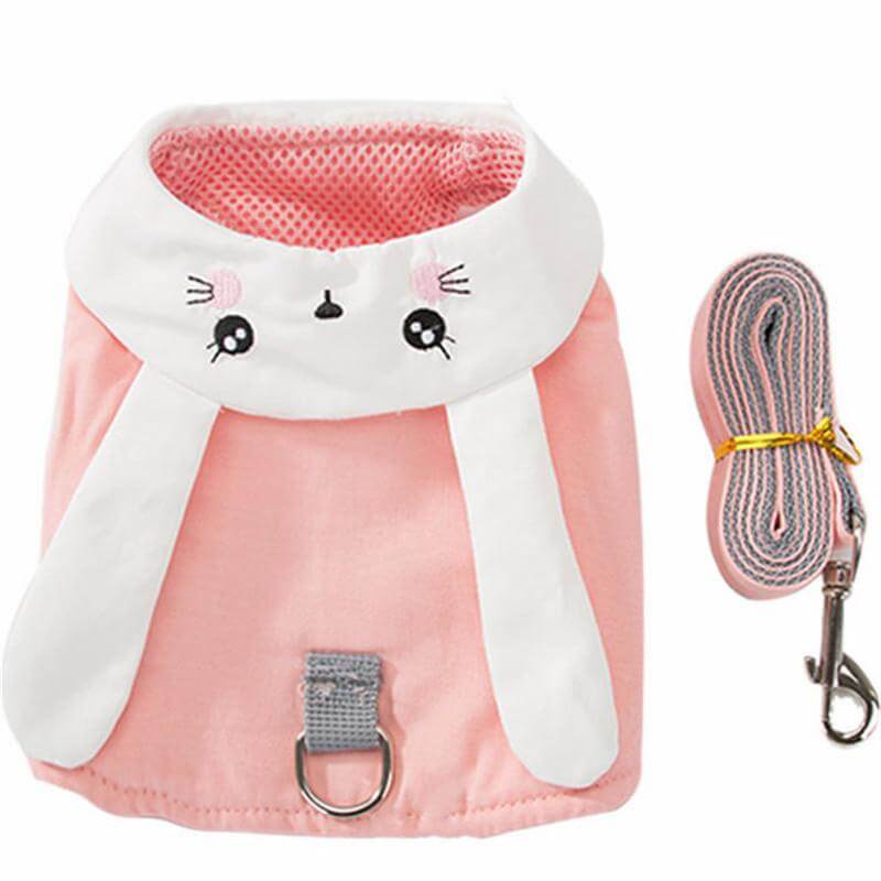 Pink Rabbit Harness Set featuring breathable mesh, sturdy nylon, and cute rabbit design for dogs and cats.