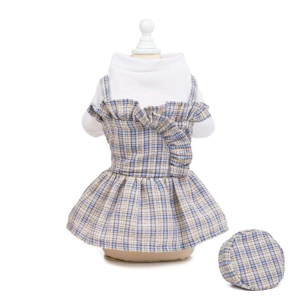 Plaid Dog Uniform Dress by Dogs & Cats, featuring breathable cotton, lightweight feel, and ruffle detail for comfort and style.