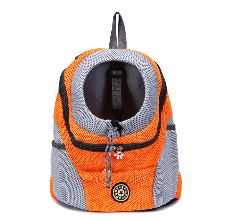 Portable Pet Carrier Chest Bag in bright orange and grey with a big round window for pets comfort.
