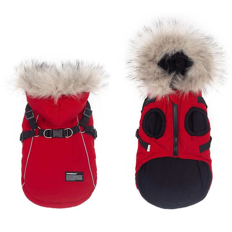 Pretty Paws Dog Coat - red dog coat with fur-trimmed hood, padded design, durable construction for dogs.
