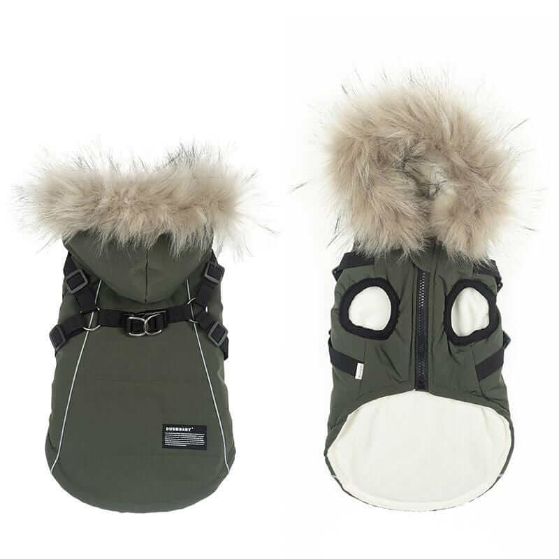 Pretty Paws Dog Coat - Padded dog coat with fur-trimmed hood, lightweight and easy to wear for dogs & cats.