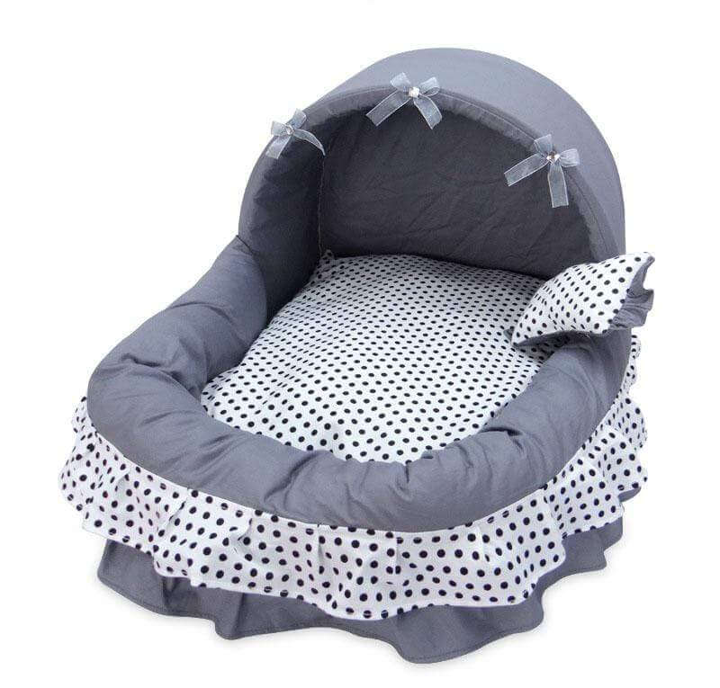 Cozy gray Princess Basket Style Pet Bed with polka dot design, perfect for dogs and cats. Features soft quilted surface.