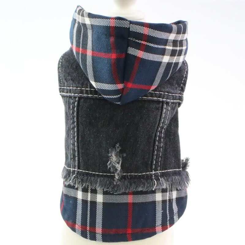 Pristine Plaid Denim Dog Vest Coat for dogs & cats, featuring breathable soft fabric, lightweight design and a stylish fixed hood.