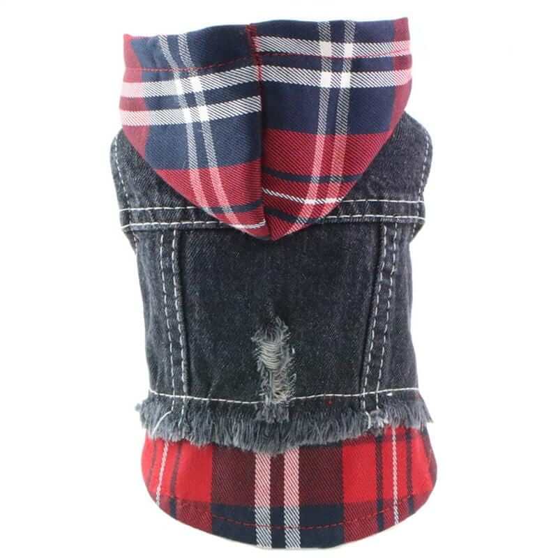 Pristine Plaid Denim Dog Vest Coat featuring soft fabric, fixed hood, and a comfortable design for dogs & cats.