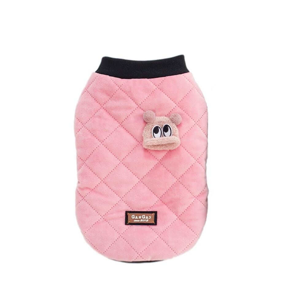 Purfect Touch Quilted Winter Dog Coat for Dogs & Cats, pink quilted fabric with cute bear face, lightweight and comfortable.