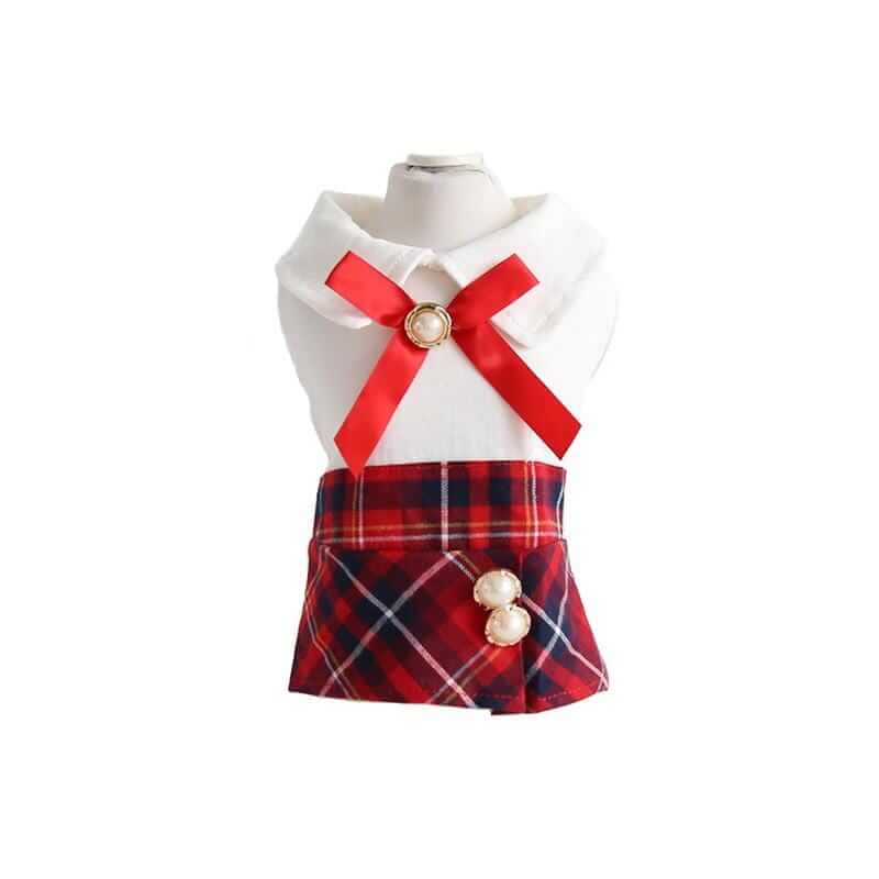 Queen Of Peals Plaid Skirt Dress for dogs & cats, featuring plaid pattern, bowknot, and pearls in a lightweight design.