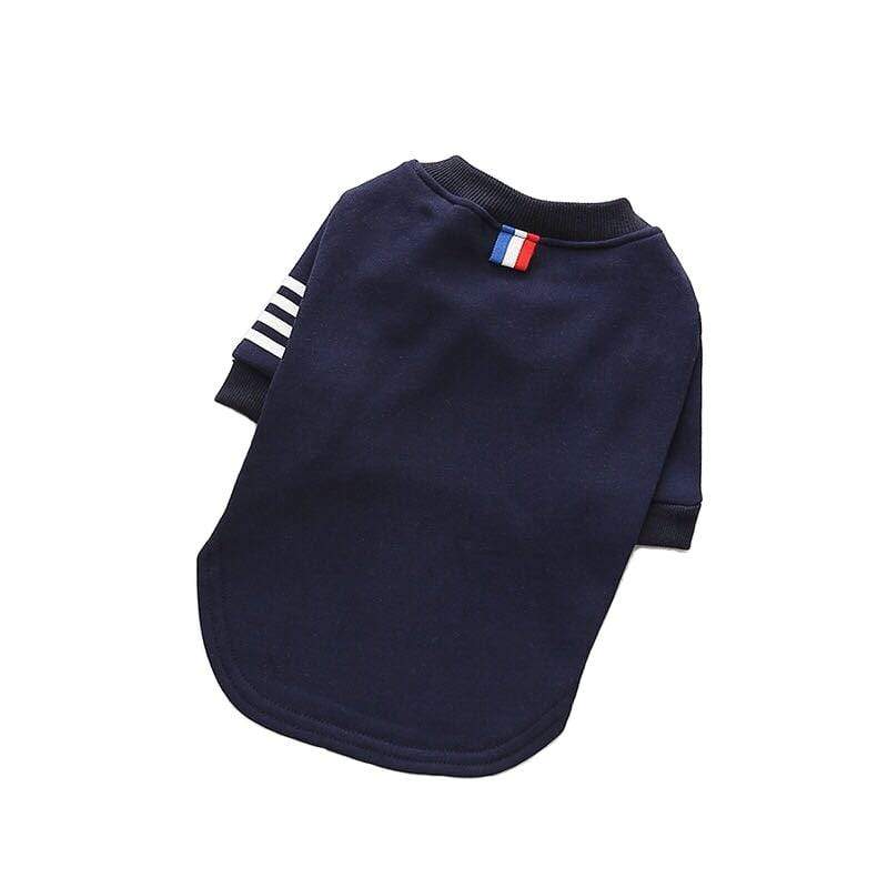Short Sleeve Dog Sweater for Dogs & Cats, navy with breathable cotton, round neckline, short sleeves, trendy design.