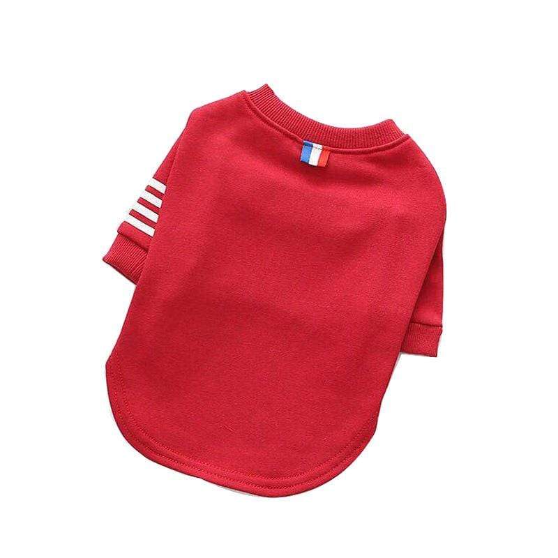 Short Sleeve Dog Sweater in red, made of soft cotton with stretchy ribbed panel, perfect for dogs and cats.