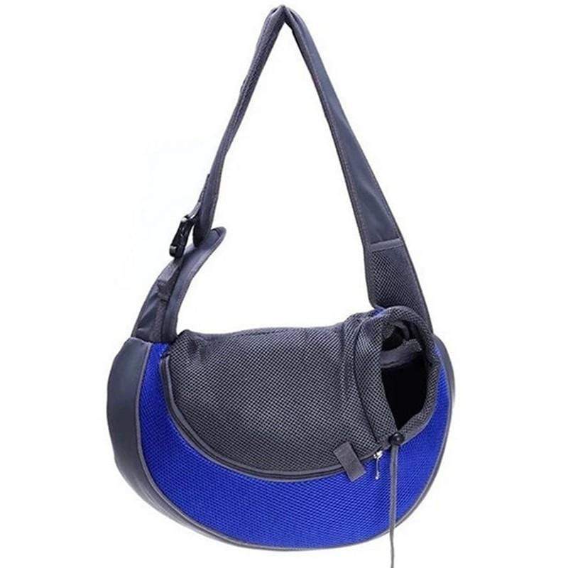 Side Sling Pet Carrier in blue and black, hands-free design for dogs & cats, features zippered pocket for essentials.