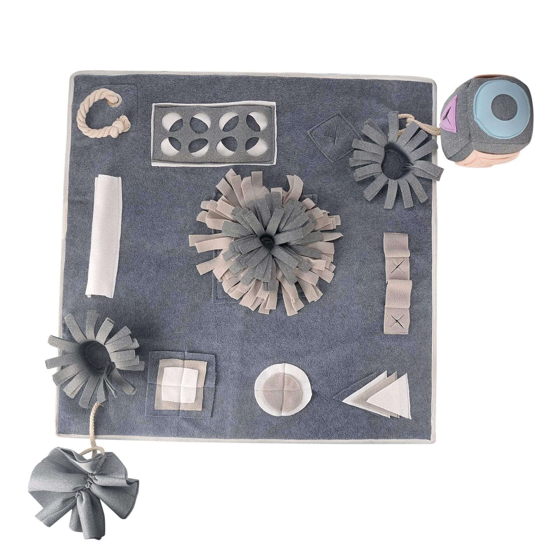 Slow Food Puzzle Sniffing Pad with various textures, hiding spots for food, designed for dogs & cats, durable cloth material.
