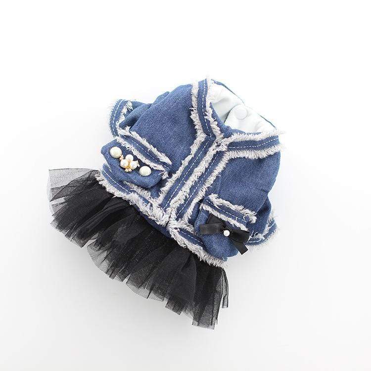 Small Dog Denim Tutu Skirt Dress from Dogs & Cats brand, featuring denim fabric, tutu skirt, lightweight feel, and button-up design.