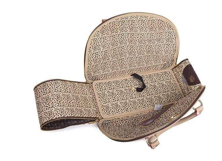 Small Pet Carrier Outdoor Bag interior view with leopard print pattern, showcasing high-quality and stylish design.