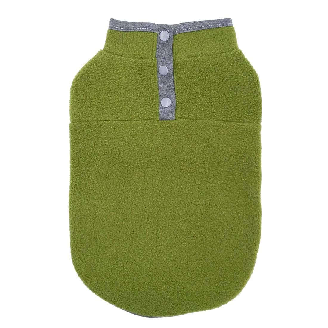 Soft Fleece Lightweight Dog Sweater in green, features button closure, breathable fleece for dogs & cats, cozy and warm.