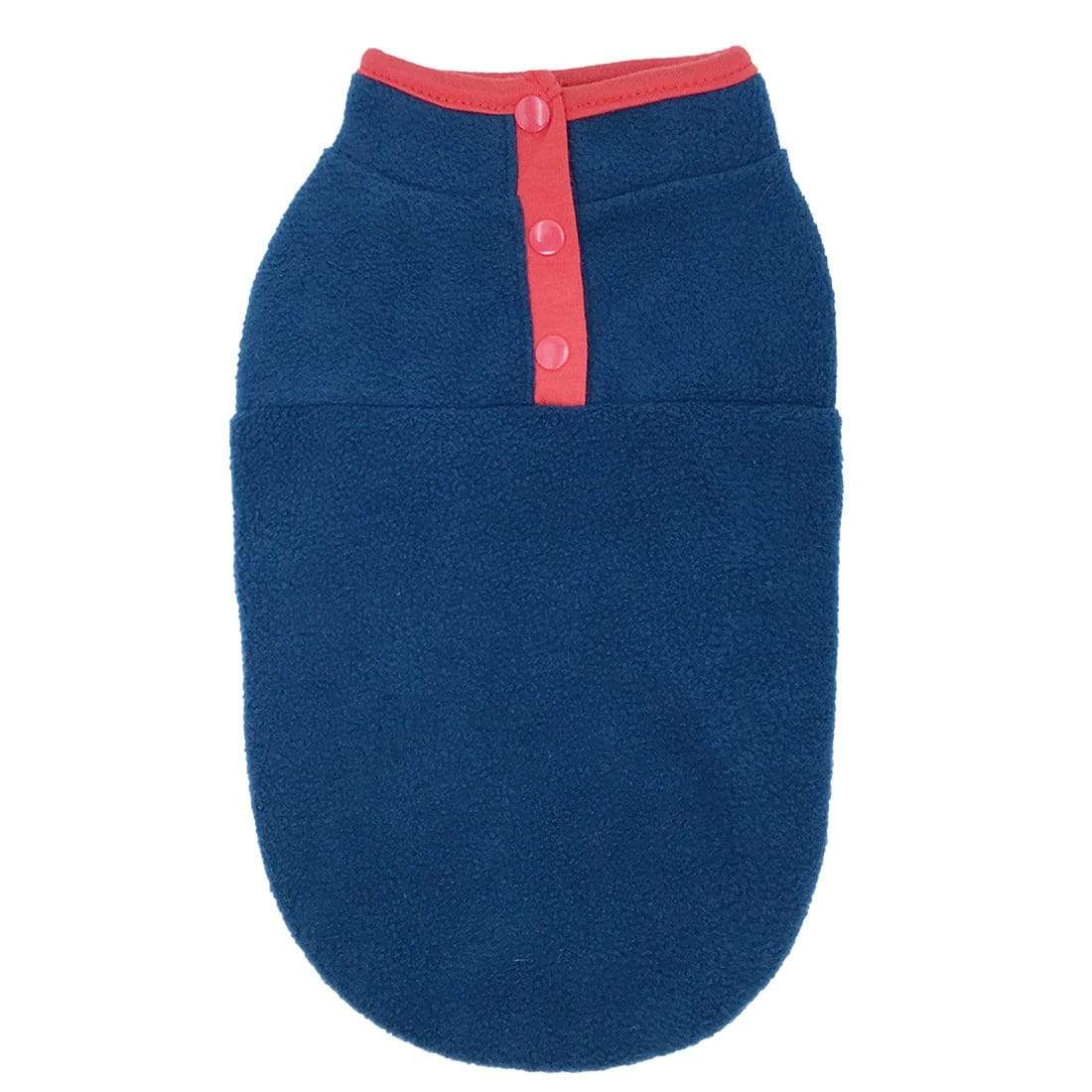 Soft Fleece Lightweight Dog Sweater in navy blue, featuring button closure for easy wear, breathable fleece fabric.