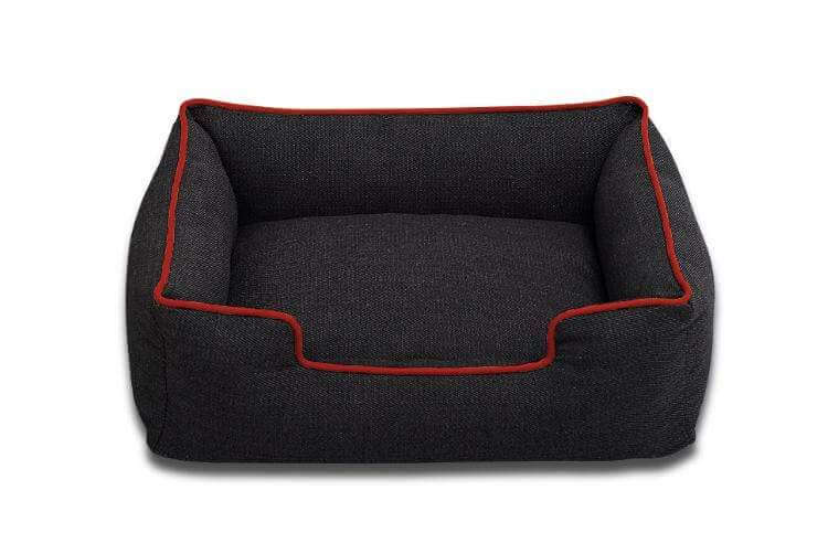 Square Nest for Pets: modern kennel bed, comfortable, ideal for cats and dogs, features soft fabric with red trim.