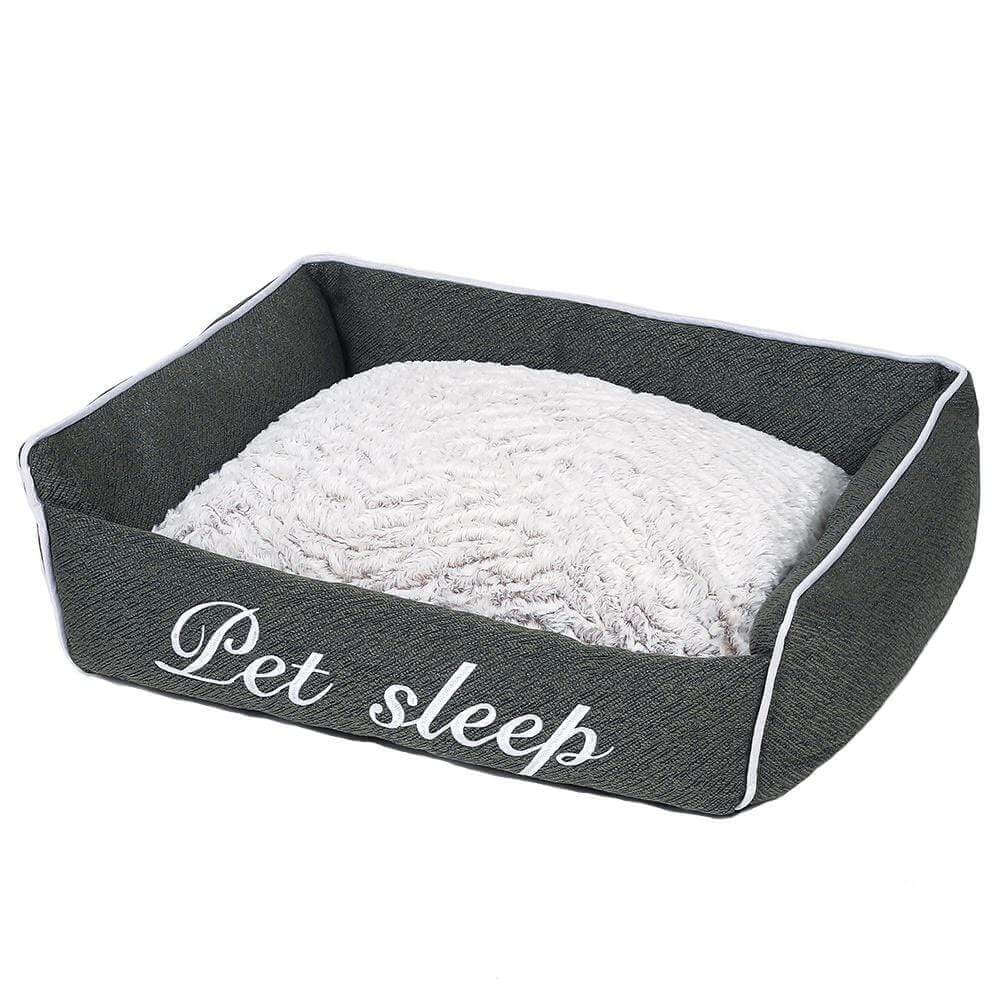 Square Pet Sleep Bed featuring soft polyester filling for dogs and cats, stylish gray design with 'Pet sleep' embroidery.