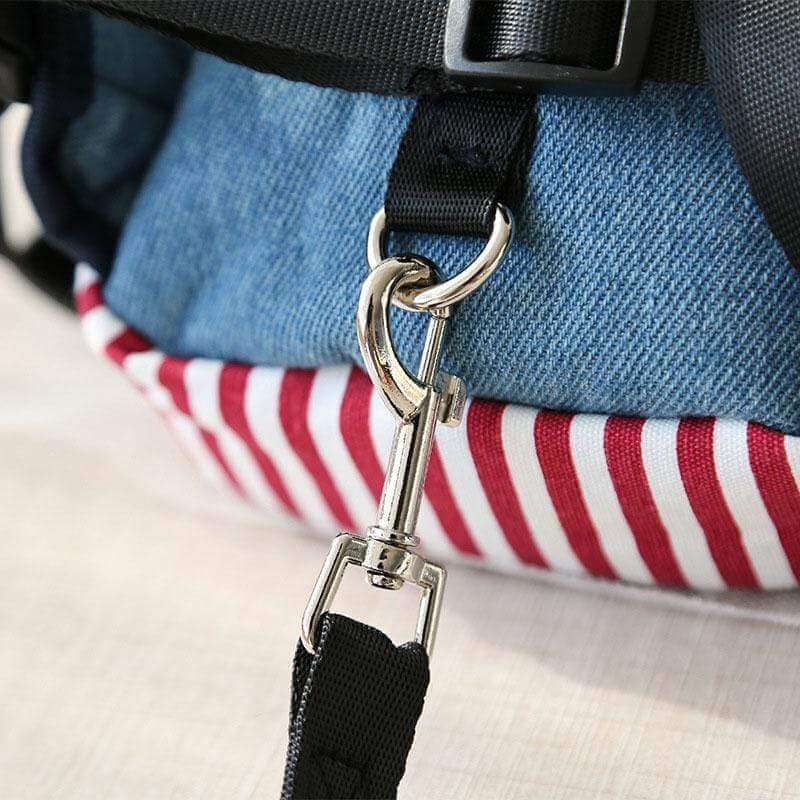 Star Denim Pet Schoolbag lightweight backpack clip detail for secure storage with adjustable straps, ideal for dogs & cats.