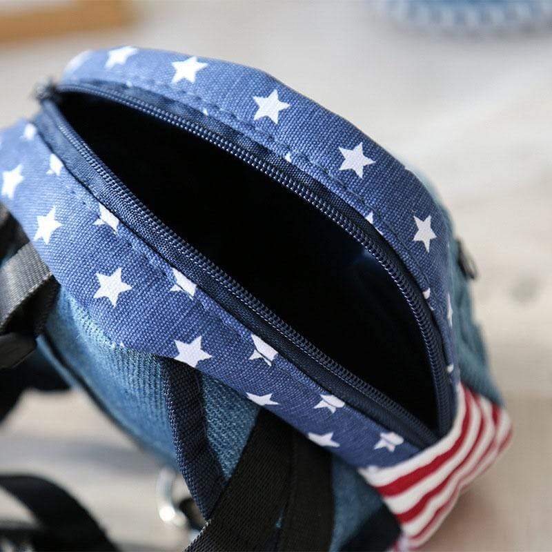 Star Denim Pet Schoolbag interior view with zip pocket, perfect for storing pet essentials for Dogs & Cats.