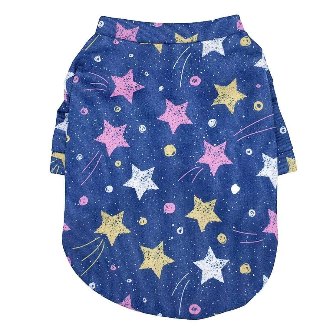 Stars Print Dog Fleece Sweater featuring vibrant star pattern, breathable material, and convenient design for dogs.