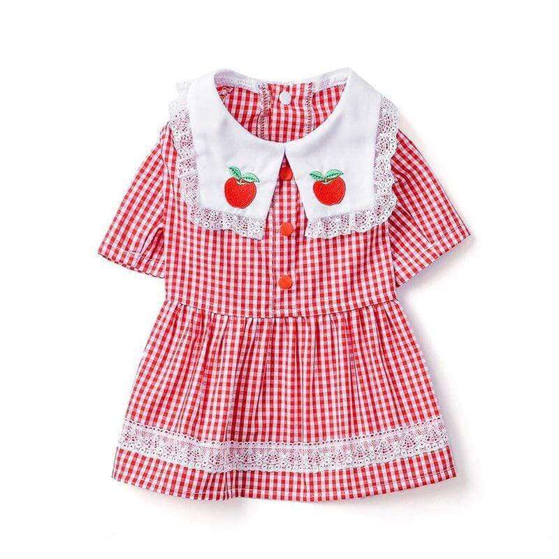 Strawberry Embroidered Dog Dress for Dogs & Cats, cotton fabric, stylish design with embroidered strawberries.