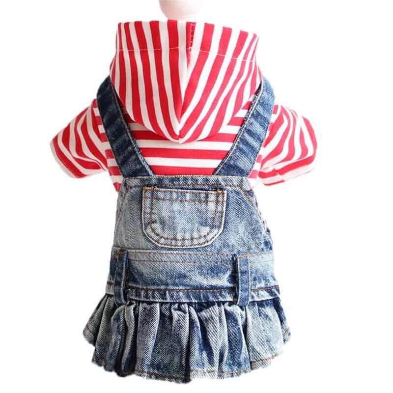 Striped Embroidered Denim Dog Skirt for Dogs & Cats, featuring breathable fabric, pocket, and easy-to-wear design.