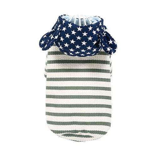 Striped Small Dog Sweater featuring stars and stripes design, breathable cotton material, and snug fit for dogs and cats by PetsBrand.