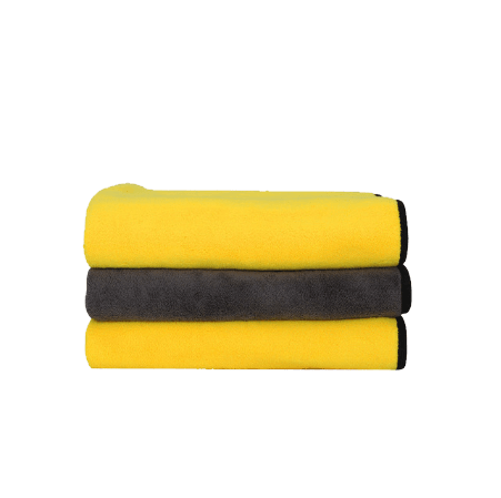 Super Absorbent Dog Towel stacked in yellow and gray, perfect for drying dogs after baths or swims.