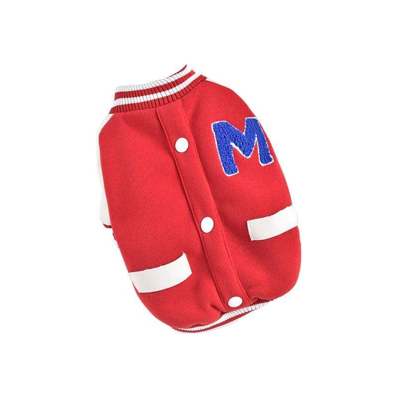 Two-legged Short-sleeved Cotton Dog Coat in red with button closure and ribbed cuffs, ideal for chilly walks.