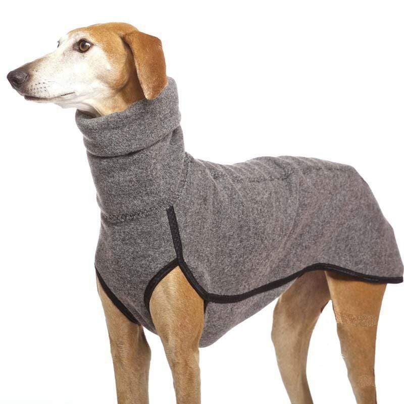 Winter High Collar Dog Sweater on a grey dog, featuring a high collar, warm rabbit fleece, and stylish knit design.