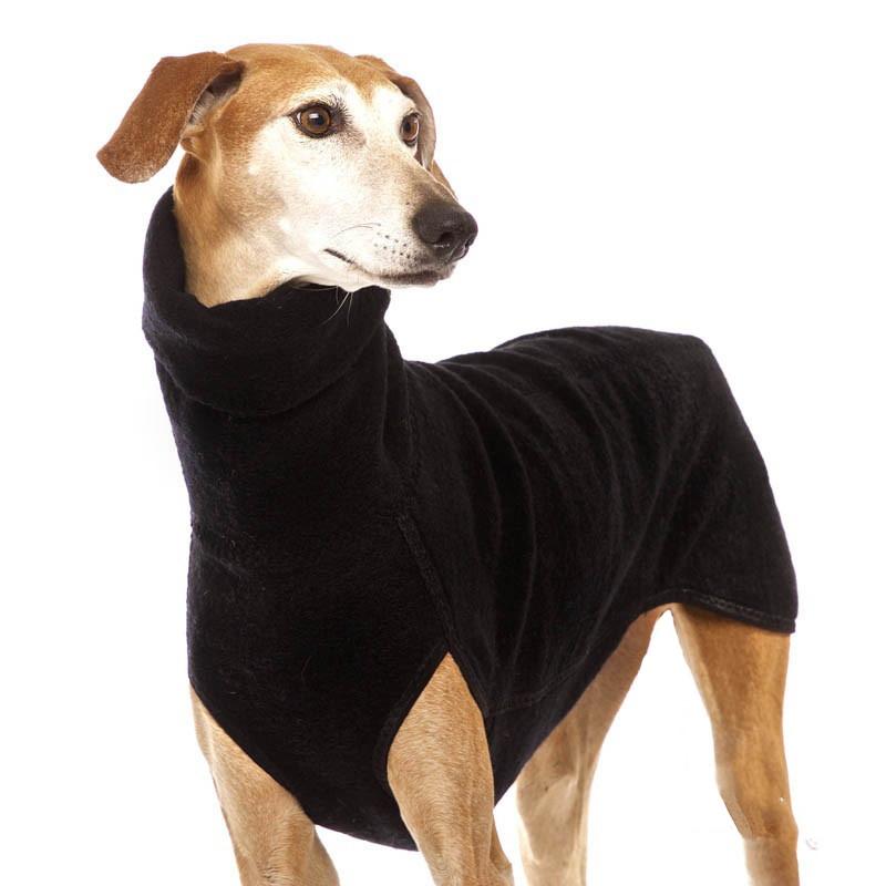 Winter High Collar Dog Sweater in black on a dog, featuring breathable rabbit fleece for comfort.