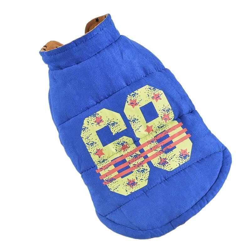 Winter Stars Double-sided Vest for dogs, features breathable fabric, high neck, elastic sleeves, comfortable fit.