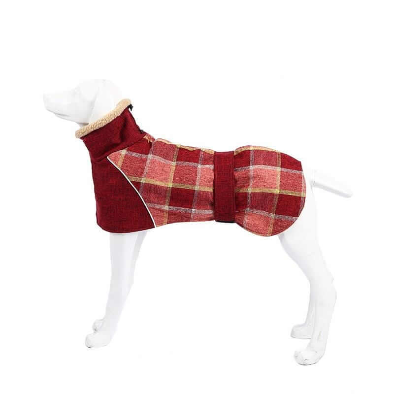 Wool Plaid Dog Coat for Dogs & Cats featuring attractive red plaid design and adjustable fuzzy fastener neck closure.