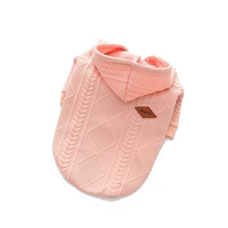 Woolen Hooded Dog Sweater in soft pink with cable knit design for stylish dogs by Dogs & Cats.