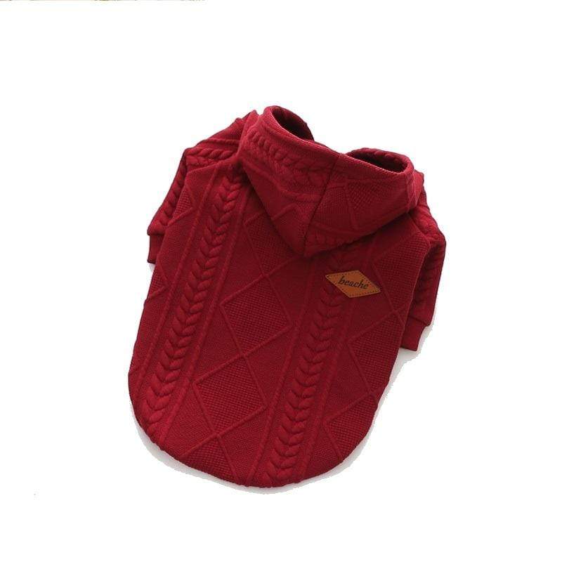 Woolen Hooded Dog Sweater, cozy red knit design, perfect for stylish and warm dogs, by Dogs & Cats brand.