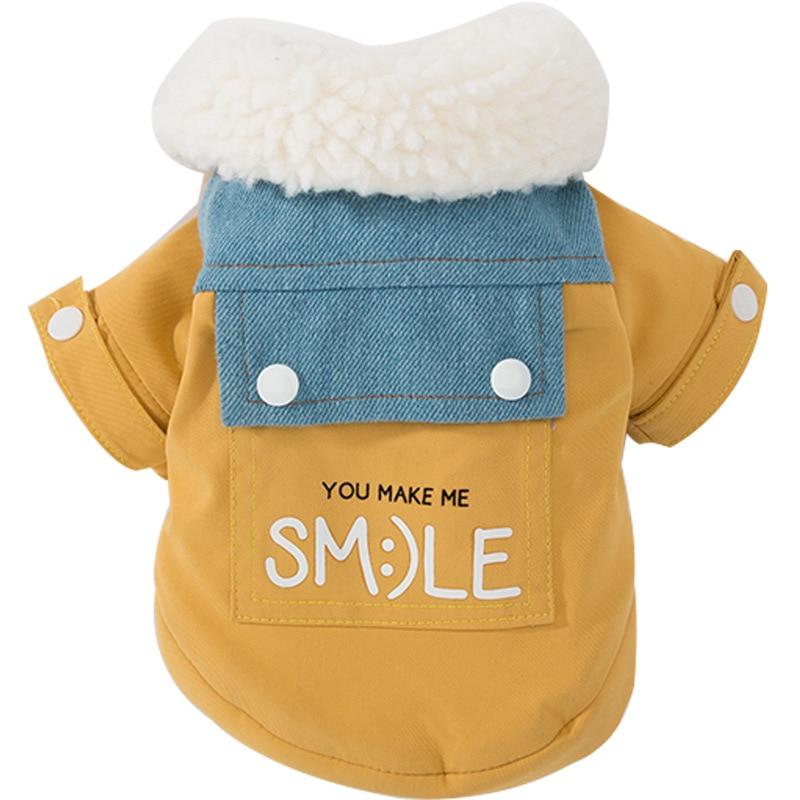 You Make Me Smile Coat, stylish dog coat, blue and yellow design, sherpa lining, by Dogs & Cats brand